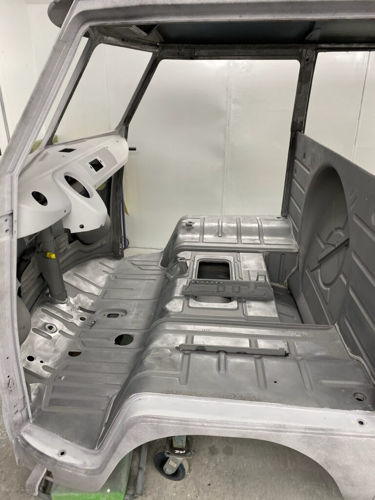 1966 vw microbus interior and underbody in primer silver lining auto restoration oregon