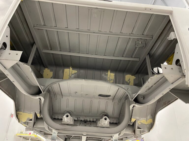 1966 vw microbus interior and underbody in primer silver lining auto restoration oregon