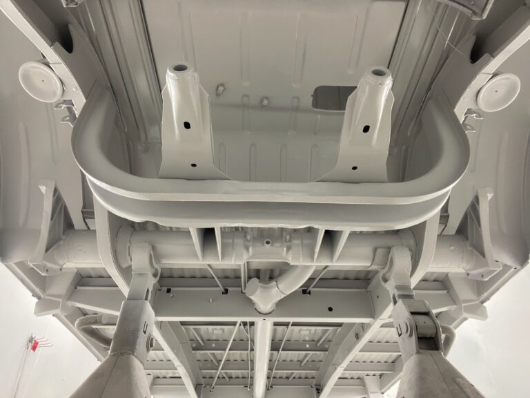 1966 vw microbus interior and underbody in primer silver lining auto restoration oregon