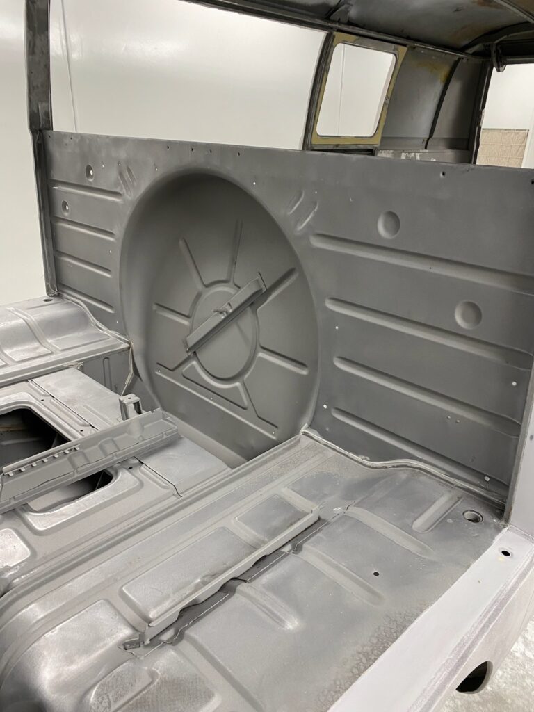 1966 vw microbus interior and underbody in primer silver lining auto restoration oregon