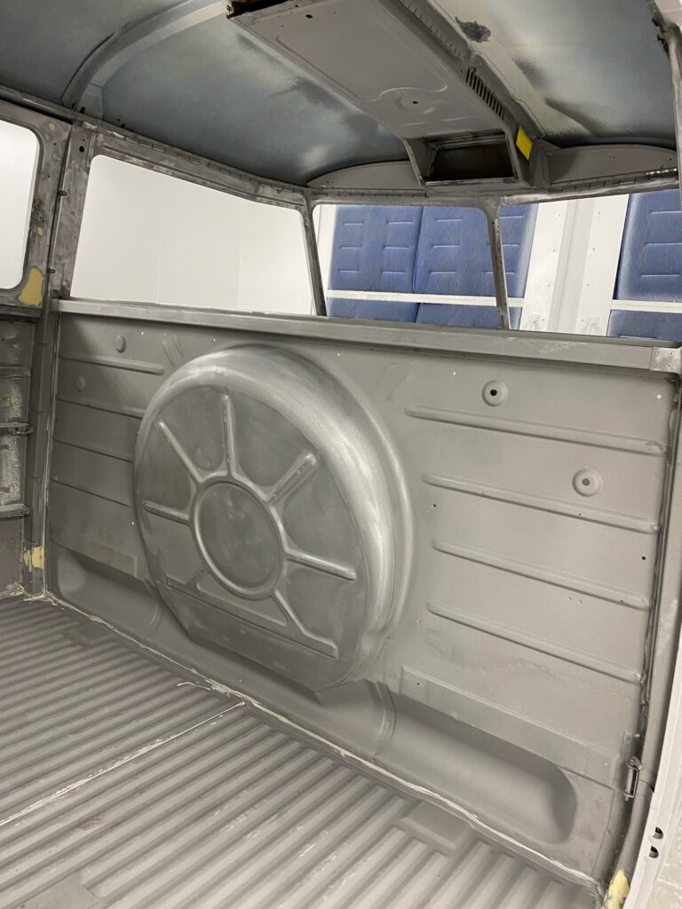1966 vw microbus interior and underbody in primer silver lining auto restoration oregon