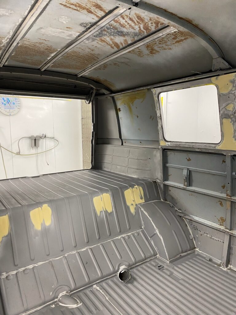 1966 vw microbus interior and underbody in primer silver lining auto restoration oregon