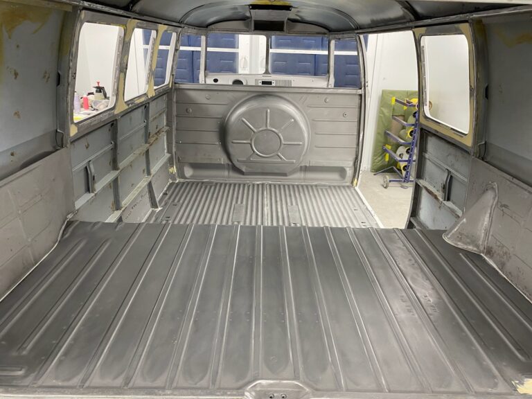 1966 vw microbus interior and underbody in primer silver lining auto restoration oregon