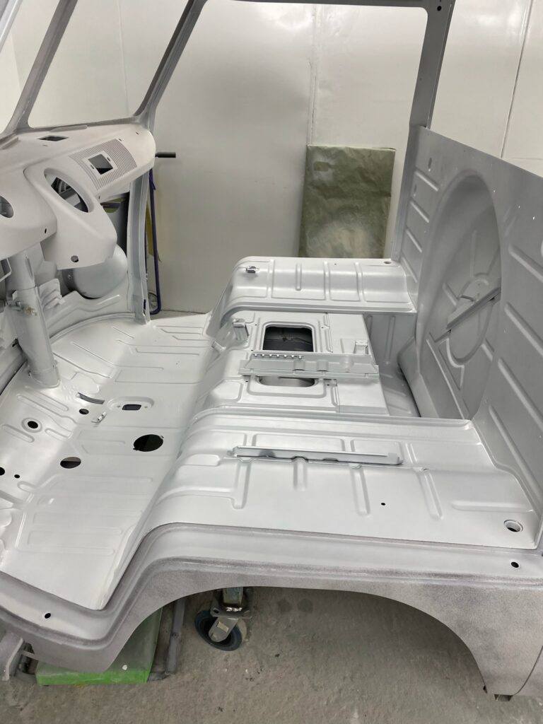1966 vw microbus interior and underbody in primer silver lining auto restoration oregon