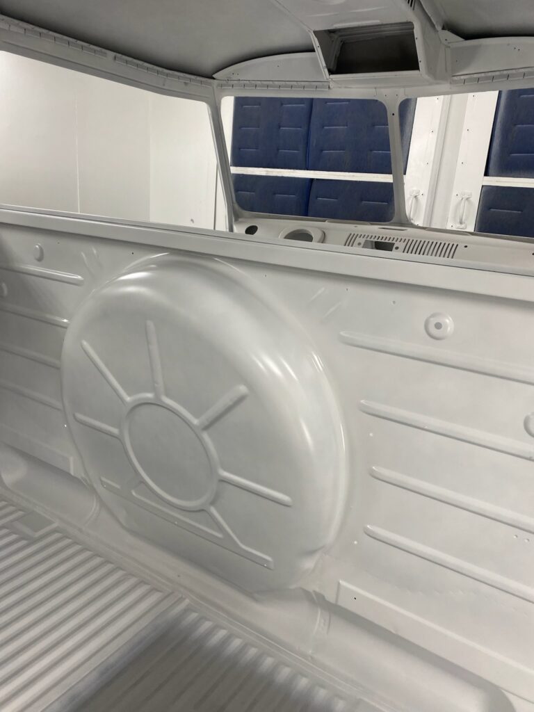 1966 vw microbus interior and underbody in primer silver lining auto restoration oregon
