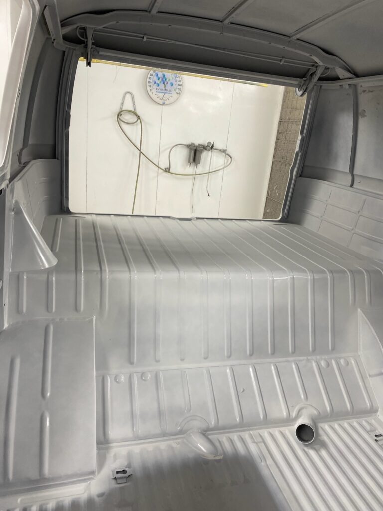 1966 vw microbus interior and underbody in primer silver lining auto restoration oregon