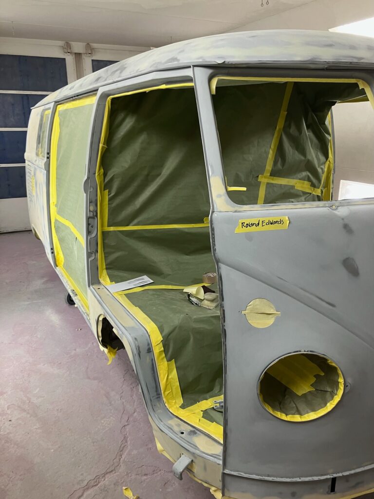 1966 vw microbus body in epoxy post body work silver lining auto restoration oregon