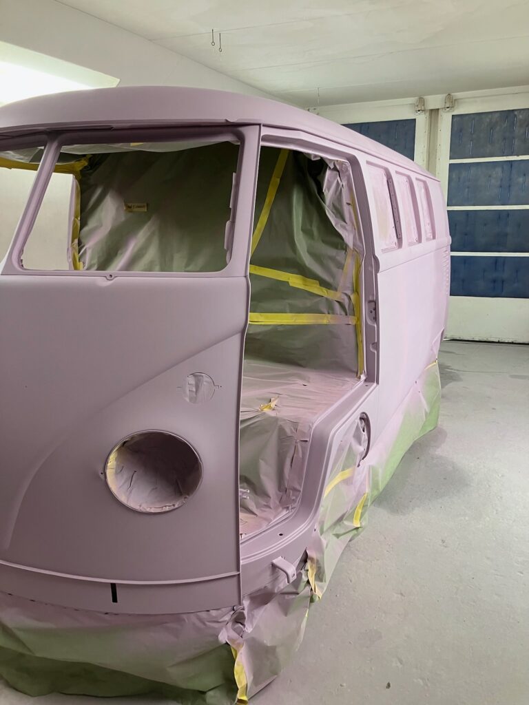 1966 vw microbus body in epoxy post body work silver lining auto restoration oregon