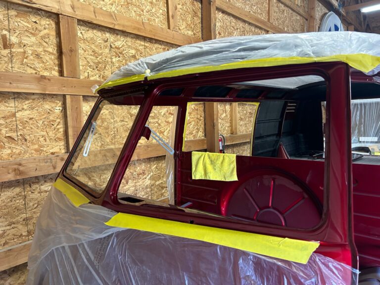 1959 vw panel bus bumpers in paint and safari window install silver lining auto restoration oregon