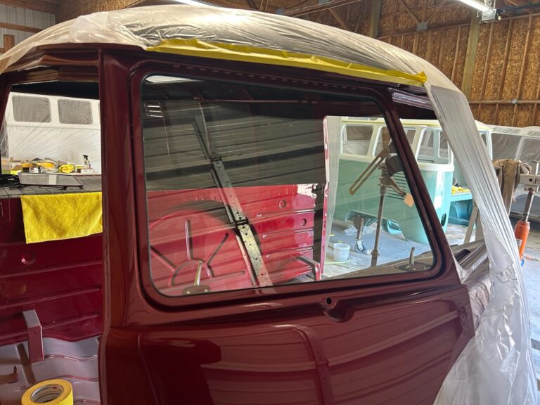 1959 vw panel bus bumpers in paint and safari window install silver lining auto restoration oregon