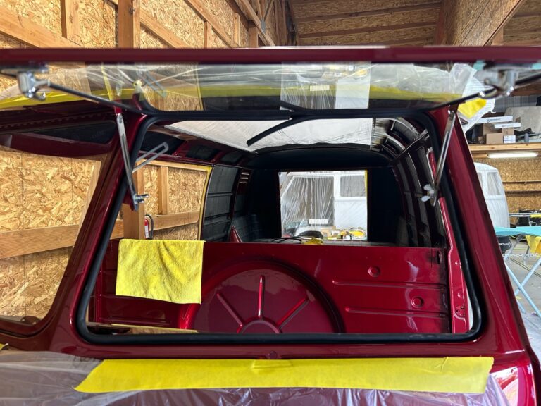 1959 vw panel bus bumpers in paint and safari window install silver lining auto restoration oregon