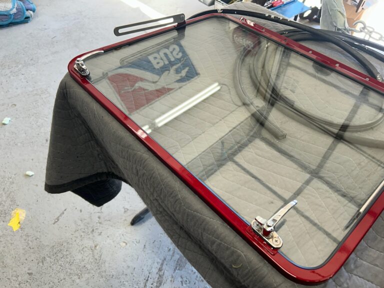 1959 vw panel bus bumpers in paint and safari window install silver lining auto restoration oregon