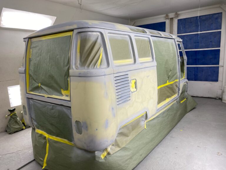 1963 23 window mouse grey deluxe bus body work into primer silver lining auto restoration oregon