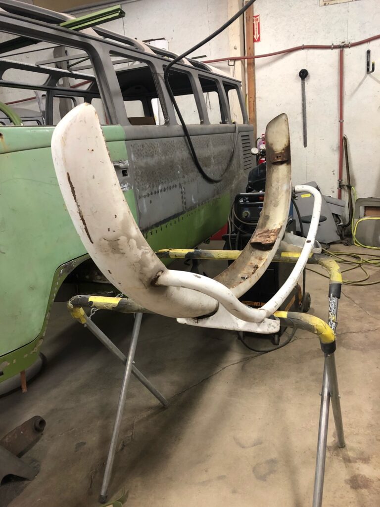 1963 23 window deluxe mouse grey bus bumper repair and fitment silver lining auto restoration oregon