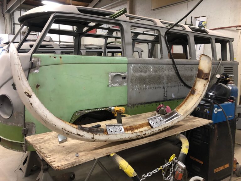 1963 23 window deluxe mouse grey bus bumper repair and fitment silver lining auto restoration oregon