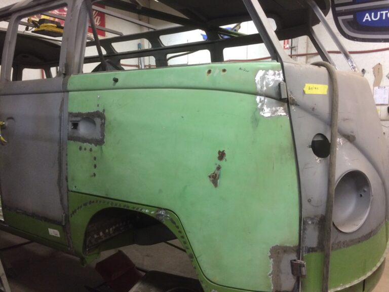 1963 23 window mouse grey deluxe bus bus in metal work and rust repair silver lining auto restoration oregon