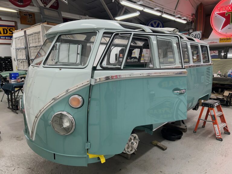 1963 23 window deluxe vw bus deluxe trim install silver lining auto restoration oregon