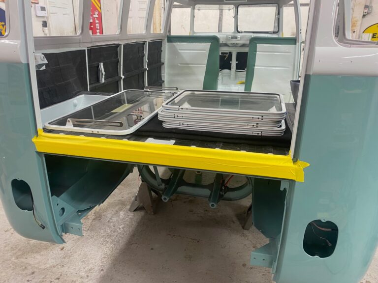 1963 23 window vw deluxe bus ragtop and glass install silver lining auto restoration oregon