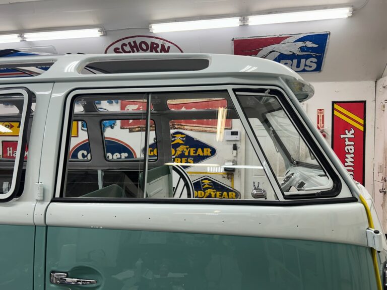 1963 23 window vw deluxe bus ragtop and glass install silver lining auto restoration oregon