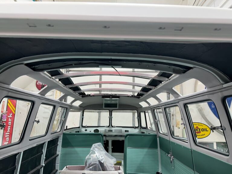 1963 23 window vw deluxe bus ragtop and glass install silver lining auto restoration oregon