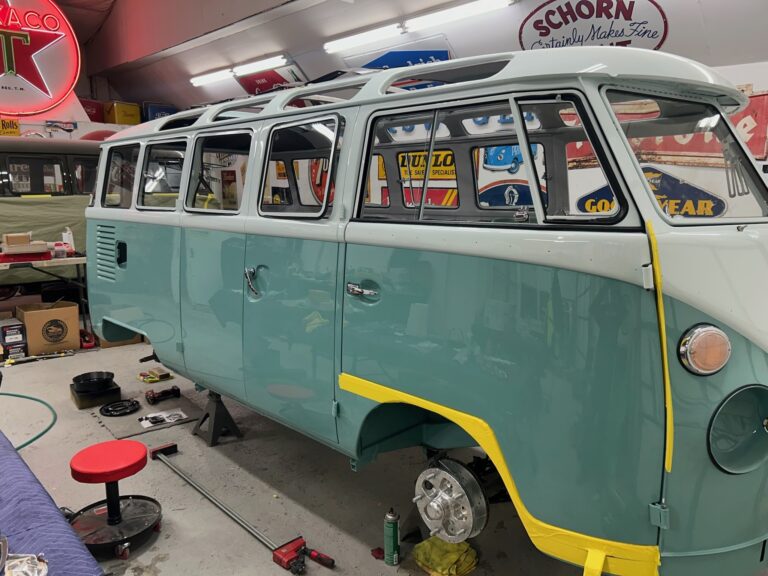 1963 23 window vw deluxe bus ragtop and glass install silver lining auto restoration oregon
