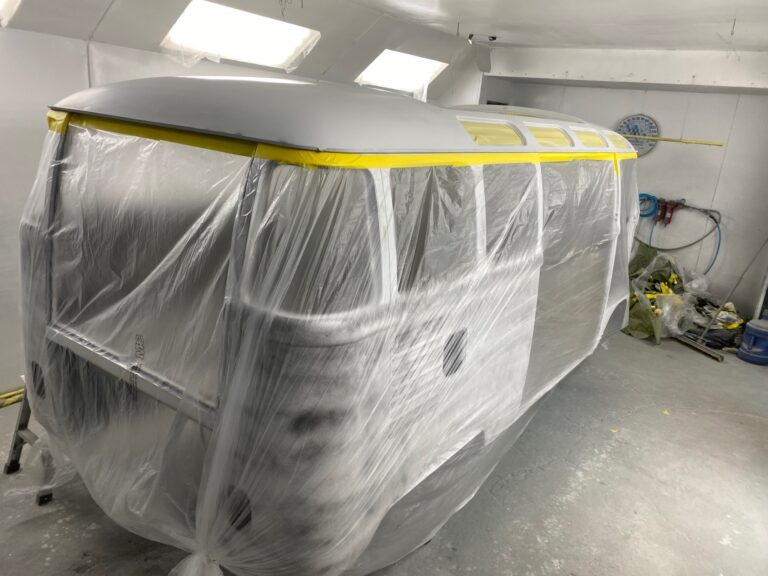 1963 23 window mouse grey deluxe bus roof in paint silver lining auto restoration oregon