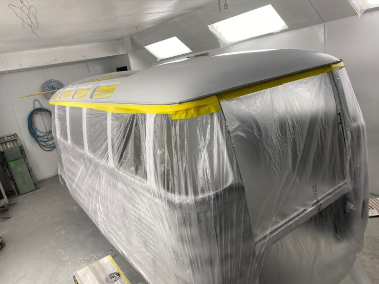 1963 23 window mouse grey deluxe bus roof in paint silver lining auto restoration oregon