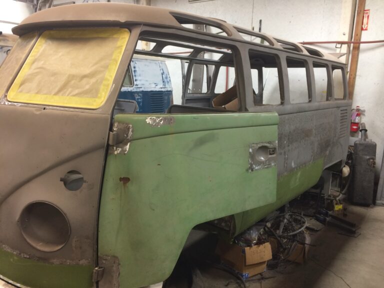 1963 23 window deluxe mouse grey bus safari windows silver lining auto restoration oregon