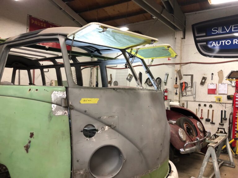 1963 23 window deluxe mouse grey bus safari windows silver lining auto restoration oregon