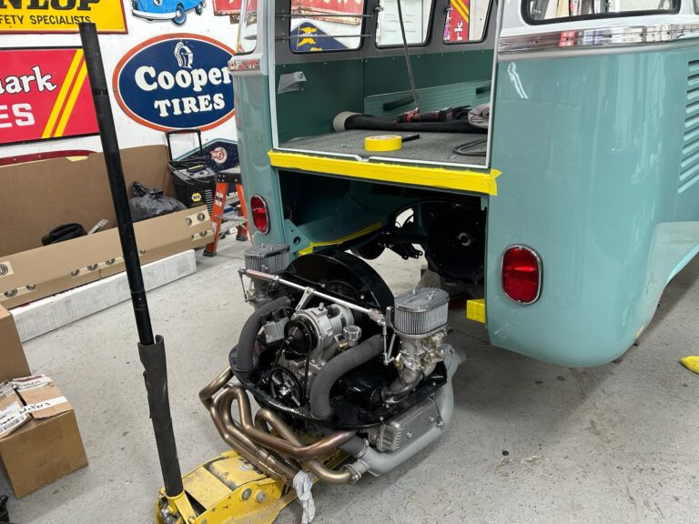1963 23 window deluxe vw bus engine install silver lining auto restoration oregon