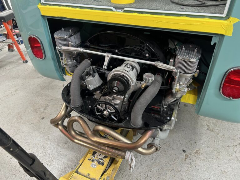 1963 23 window deluxe vw bus engine install silver lining auto restoration oregon