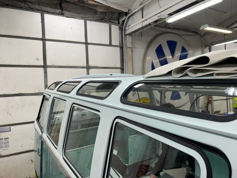 1963 23 window deluxe vw bus skylight window install silver lining auto restoration oregon