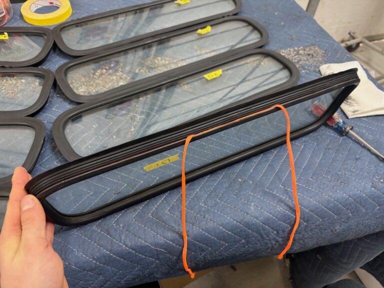 1963 23 window deluxe vw bus skylight window install silver lining auto restoration oregon