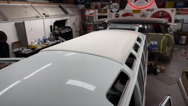 1963 23 window deluxe vw bus skylight window install silver lining auto restoration oregon
