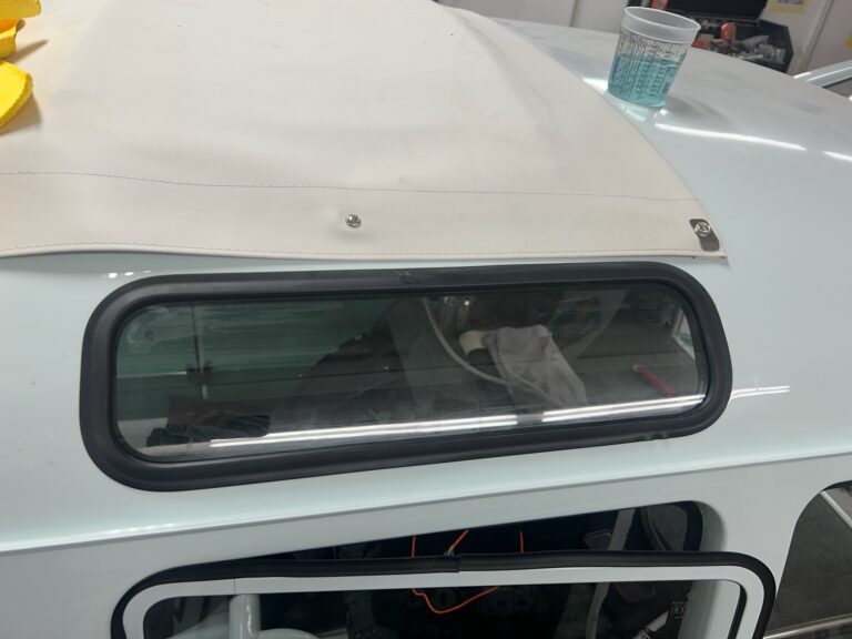 1963 23 window deluxe vw bus skylight window install silver lining auto restoration oregon