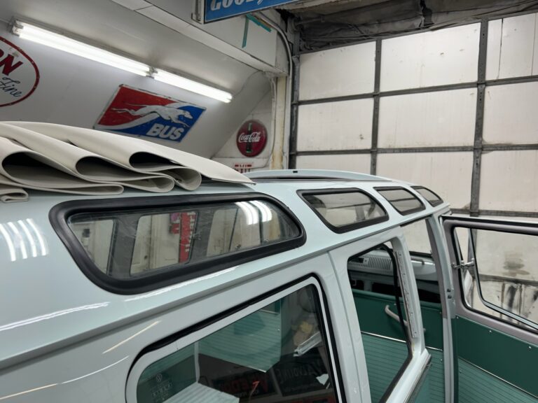 1963 23 window deluxe vw bus skylight window install silver lining auto restoration oregon