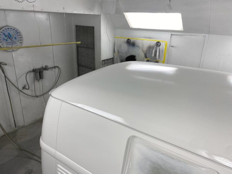 1966 microbus vw bus block sanding into primer silver lining auto restoration oregon