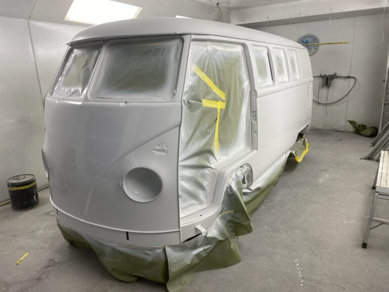 1966 microbus vw bus block sanding into primer silver lining auto restoration oregon