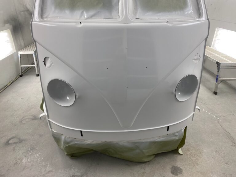 1966 microbus vw bus block sanding into primer silver lining auto restoration oregon