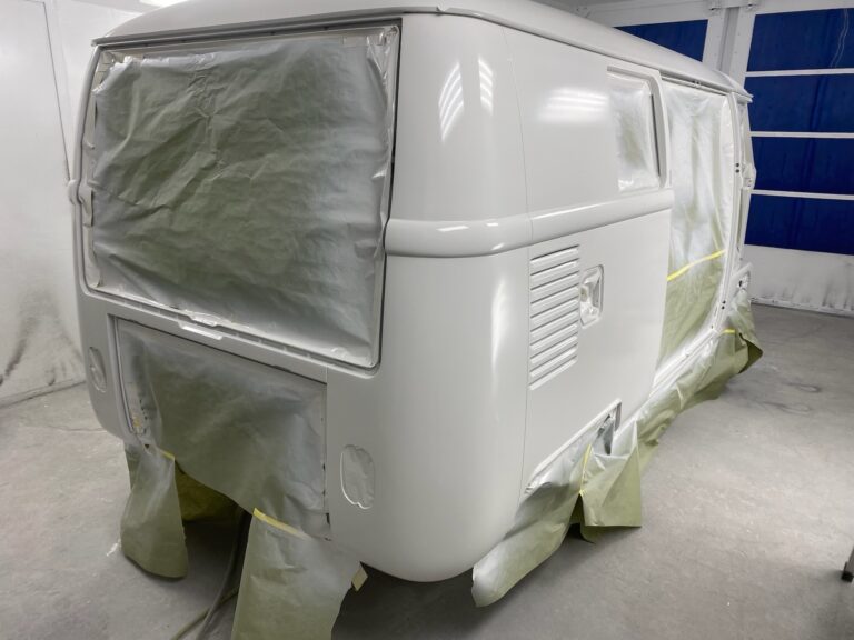 1966 microbus vw bus block sanding into primer silver lining auto restoration oregon