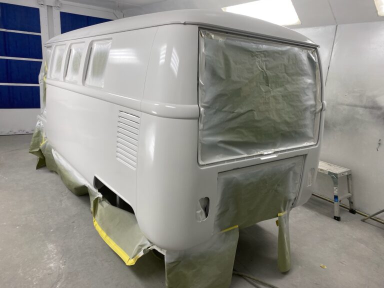 1966 microbus vw bus block sanding into primer silver lining auto restoration oregon