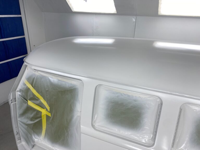 1966 microbus vw bus block sanding into primer silver lining auto restoration oregon