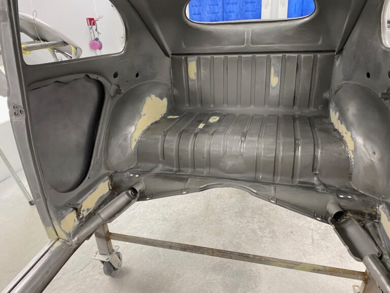 1955 vw beetle std final metal prep into epoxy silver lining auto restoration oregon