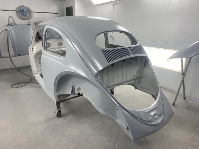 1955 vw beetle std final metal prep into epoxy silver lining auto restoration oregon