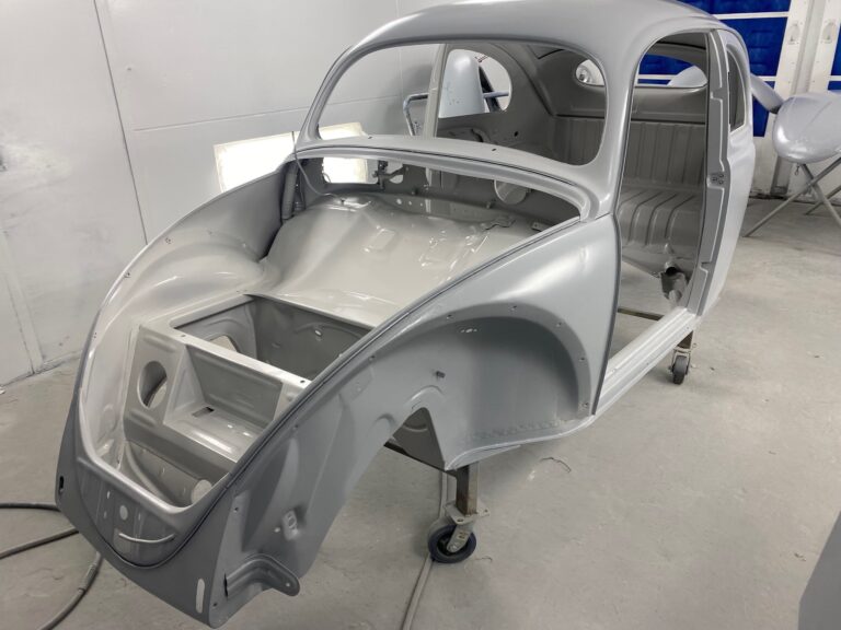 1955 vw beetle std final metal prep into epoxy silver lining auto restoration oregon