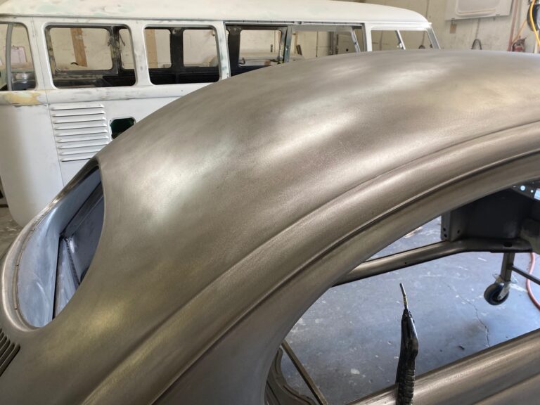 1955 vw beetle std final metal prep into epoxy silver lining auto restoration oregon