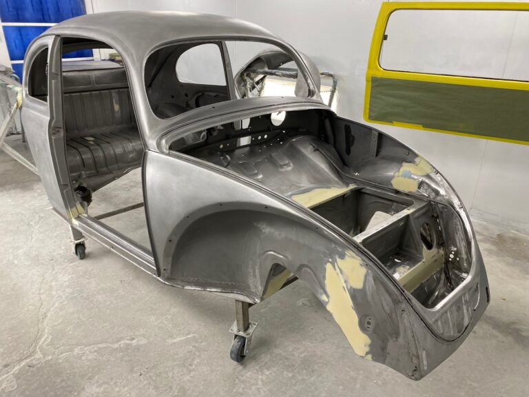 1955 vw beetle std final metal prep into epoxy silver lining auto restoration oregon