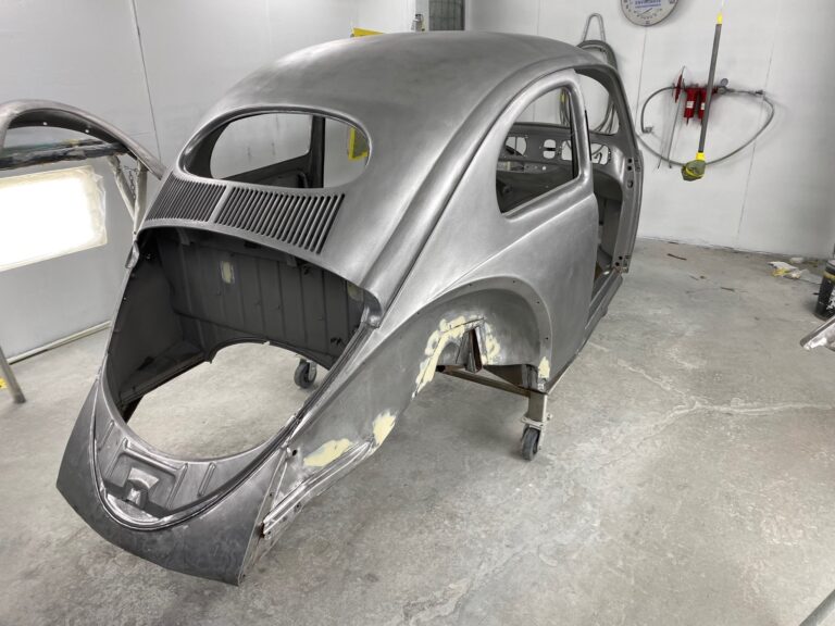 1955 vw beetle std final metal prep into epoxy silver lining auto restoration oregon