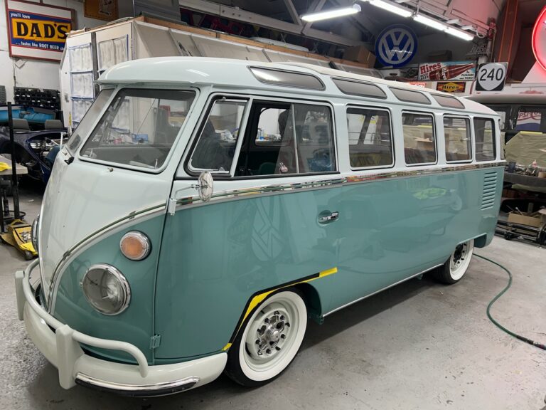 1963 23 window deluxe bus final assembly silver lining auto restoration oregon