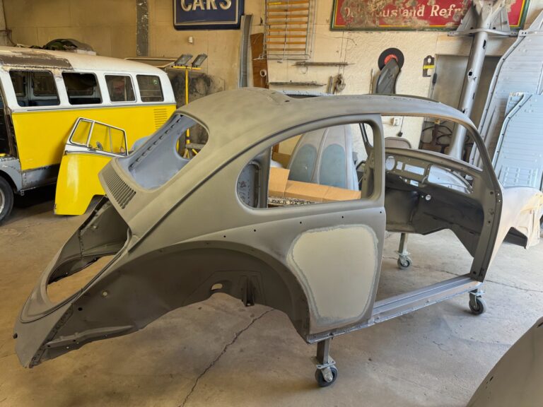 1965 vw ragtop beetle post media blast silver lining auto restoration oregon